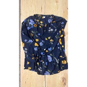 Old Navy Women Navy Blue Floral Ruffle Tie Neck Peplum‎ Long Sleeve Blouse Large
